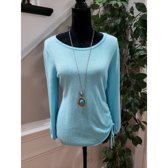 Chico's Women's Blue Solid Ramie Casual Round Neck Long Sleeve Sweater Size 1/M - Picture 1 of 12